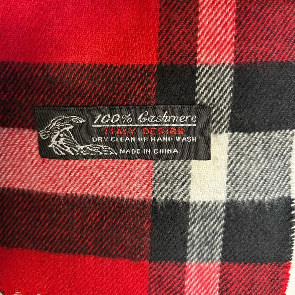 100% Cashmere Scarf in Red Black and White Plaid with Fringe